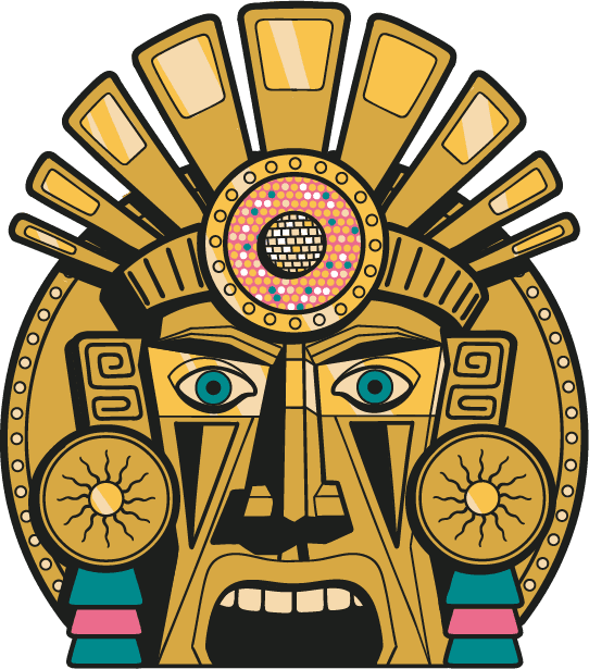 Signature illustration of the golden Fabulous Sacred Mask, wearing an Aztec crown with blue and pink jewels. 