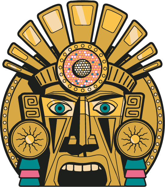 Signature illustration of the golden Fabulous Sacred Mask, wearing an Aztec crown with blue and pink jewels.