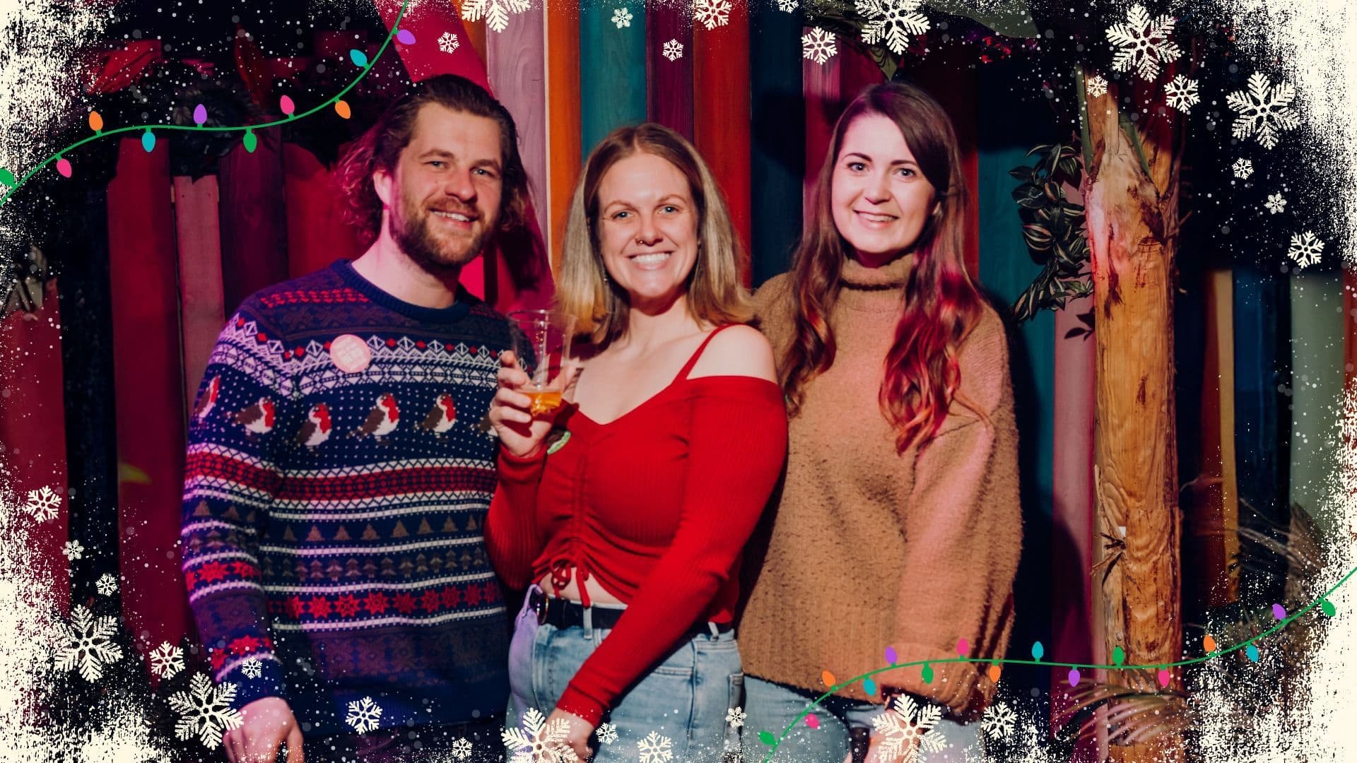 3 ladies smiling at Treetop with a Christmas overlay.