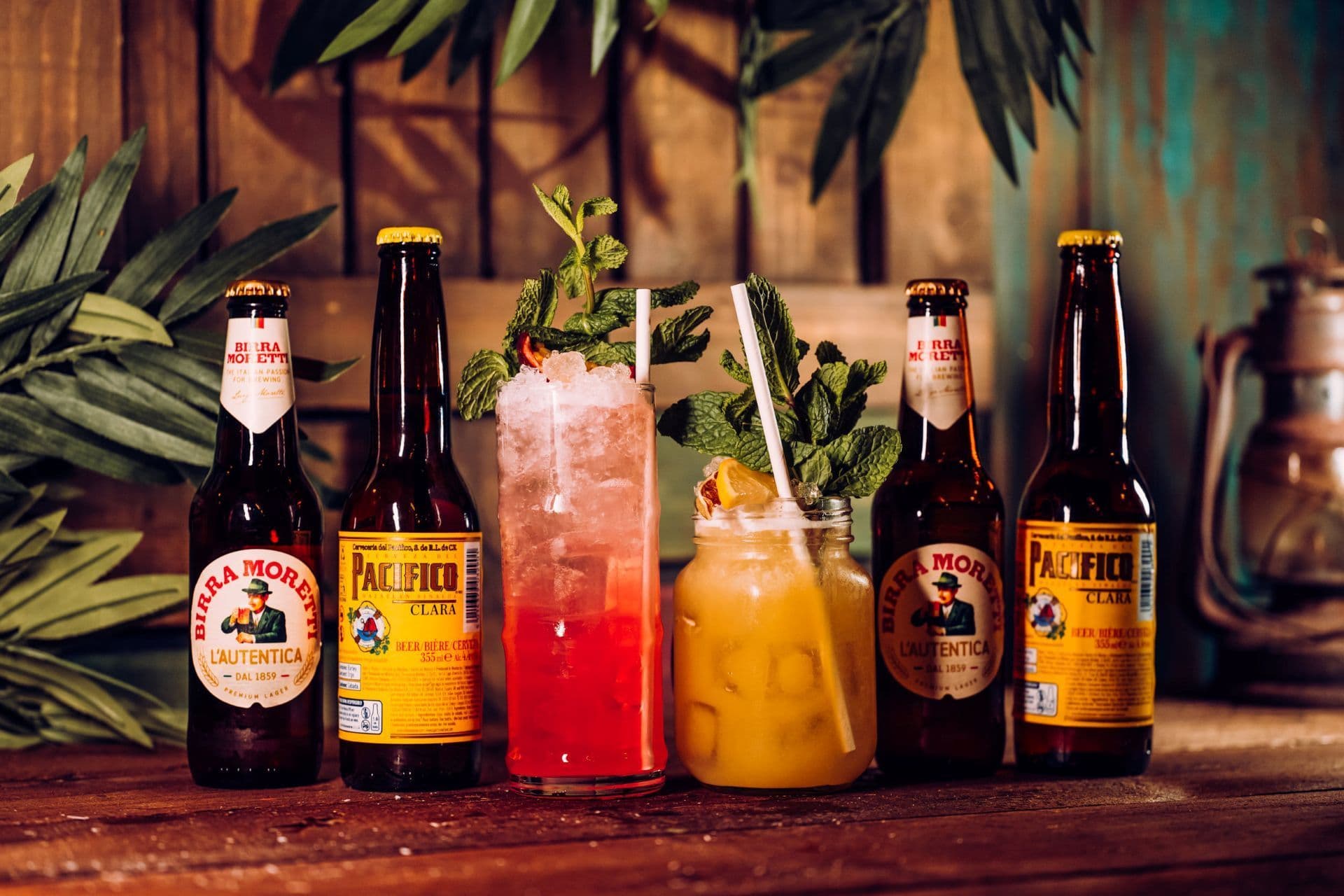 A collection of cocktails and beer at Treetop Golf